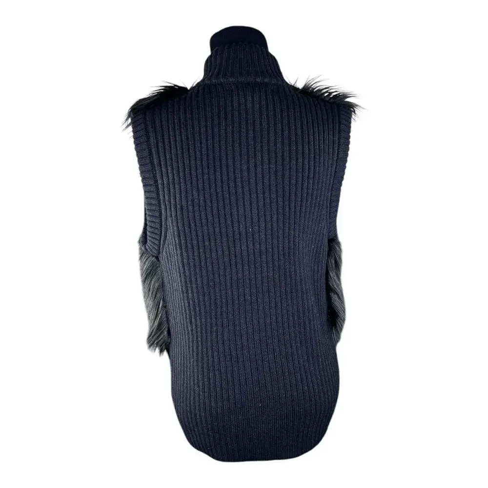 Michael Kors Mob Wife Faux Fur Sweater Vest Women Sz Lg Black‎ Wool Blend EUC
